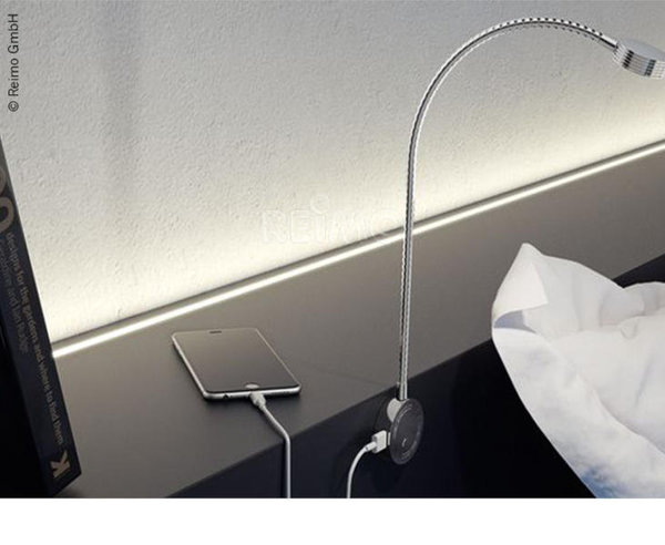 LED-Schwanenhalsleuchte - 1,5 W - silber - 450 mm - USB-Ladebuchse - mit Schalter